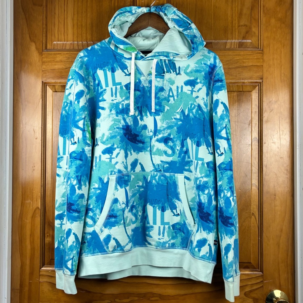 Nautica Blue All Over Sail Print Pullover Hoodie Sweatshirt Teal Mens Size L